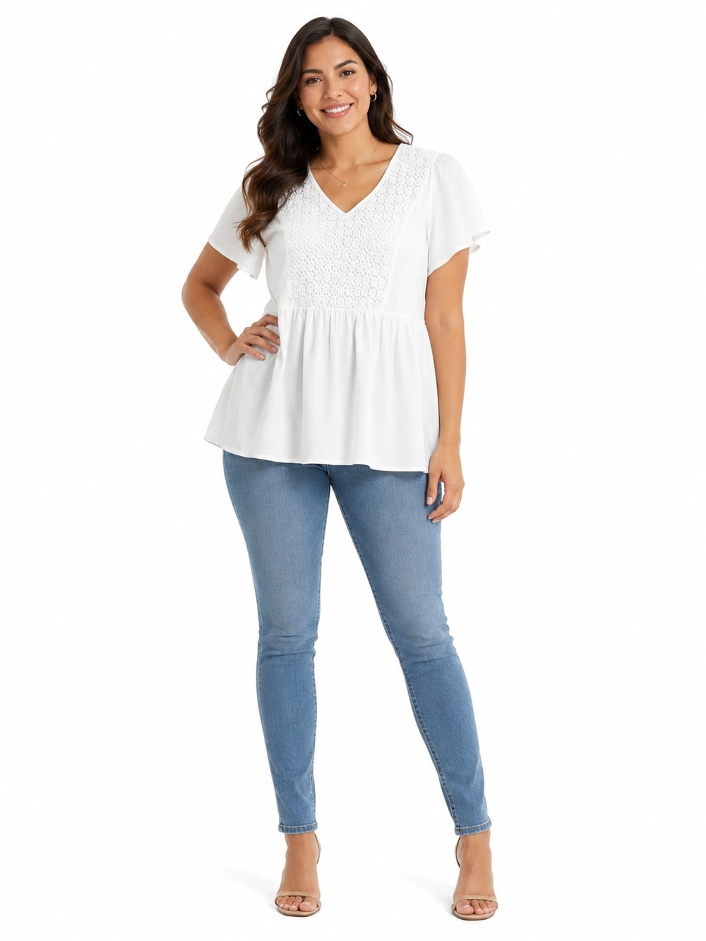 SHEIN White Crochet Yoke Peplum Blouse